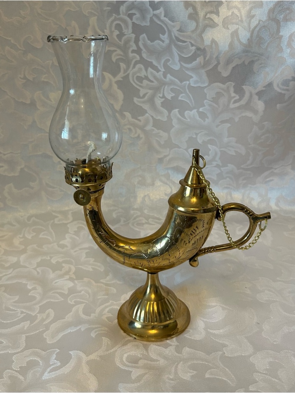 Vintage Etched Brass Genie Oil Lamp, Made In India, 10.5 Inches High
